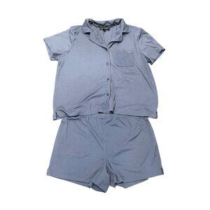 BCBGMaxAzria Ribbed Blue Short Sleeve Button Front Shirt Shorts Pajama Set L